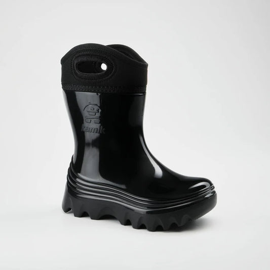 Bottes de pluie - Kamik noires en caoutchouc brillant avec haut néoprène noir, poignées, vue de profil gauche enfant.