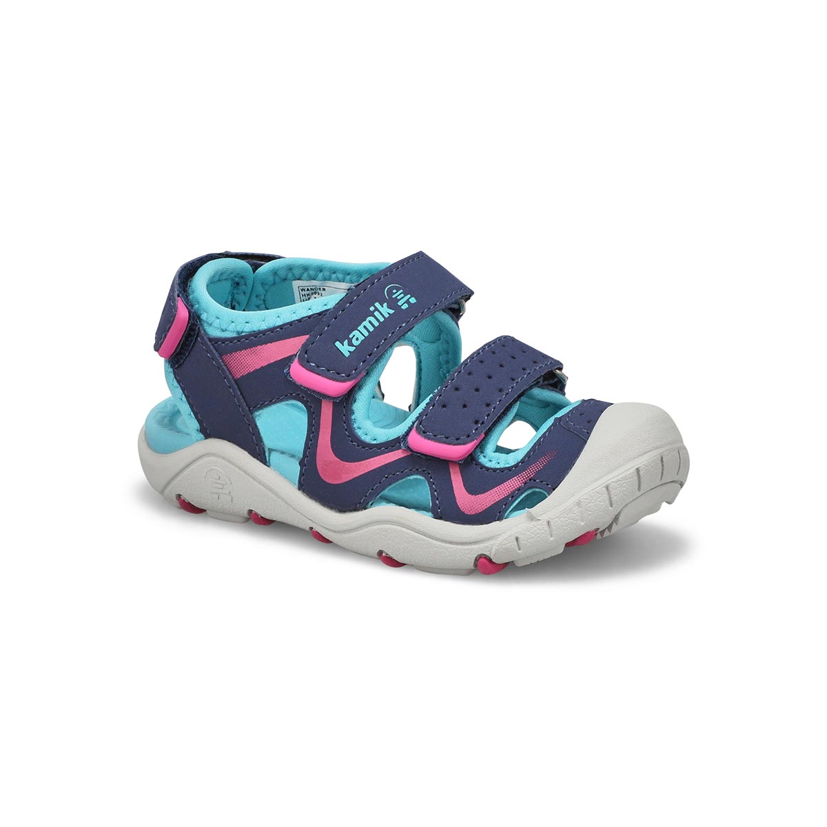 Sandales - Wander Kamik bleu marine et rose en cuir synthétique, trois sangles réglables, pour enfant, vue de profil droit