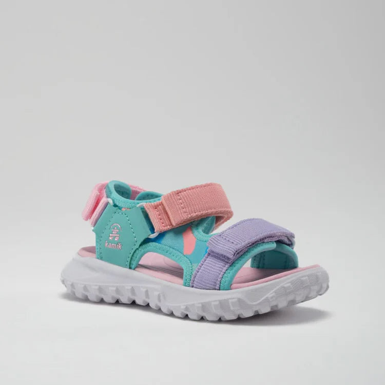 Sandales HarborT - Kamik en cuir synthétique turquoise, rose et violet, pour fille, vue de profil droit.