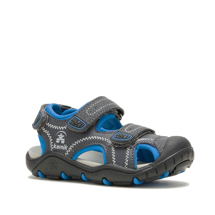 Sandales - Seaturtle 2 Kamik garçon grises et bleues, style sandalettes ouvertes, matière imperméable, vue de profil côté extérieur.