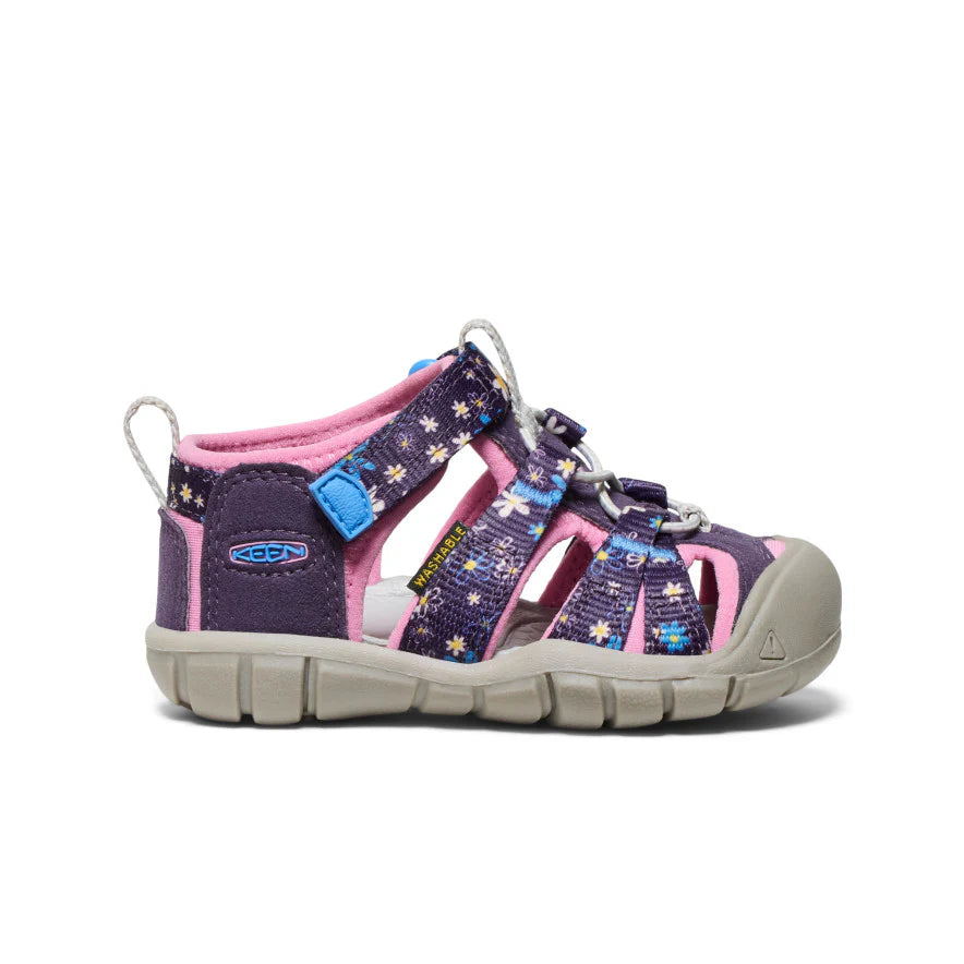Sandales - Seacamp II Keen violettes et roses avec motifs floraux, tissu et caoutchouc, pour enfant, vue de profil gauche.
