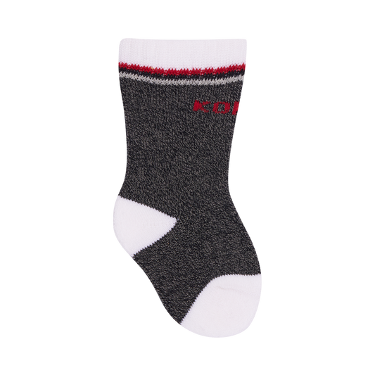 Bas thermal - Kombi gris foncé avec renforts blancs au talon et aux orteils, rayures rouges et blanches, vue de côté seule.