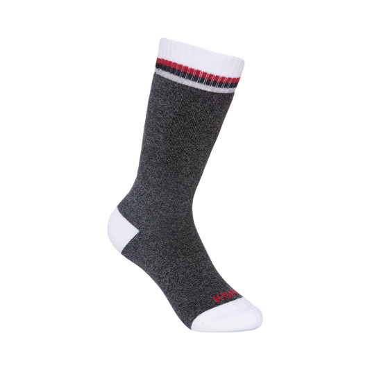 Bas thermal - Kombi gris anthracite avec renforts blancs au talon et aux orteils, bande rouge et noire, vue côté.