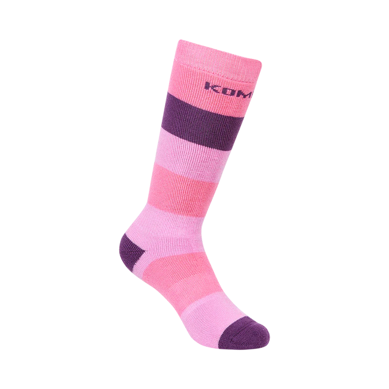 Bas thermal - Kombi rayé rose et violet en acrylique avec renfort talon et orteils, vue de côté, taille enfant.