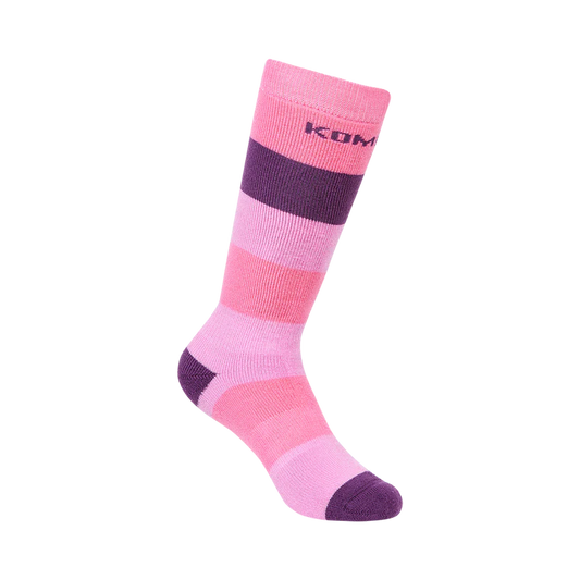 Bas thermal - Kombi rayé rose et violet en acrylique avec renfort talon et orteils, vue de côté, taille enfant.