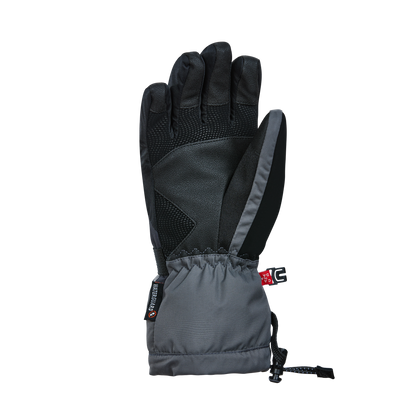 Un gant Kombi Yolo Gants d'hiver noir et gris avec membrane WATERGUARD, poignée texturée, dragonne réglable et étiquette rouge et noire est présenté à l'endroit sur un fond blanc uni.