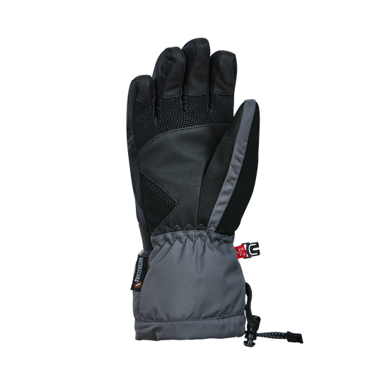Un gant Kombi Yolo Gants d'hiver noir et gris avec membrane WATERGUARD, poignée texturée, dragonne réglable et étiquette rouge et noire est présenté à l'endroit sur un fond blanc uni.