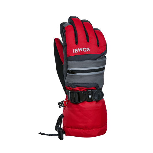 Gants d'hiver - Kombi Yolo rouges et gris avec paume noire en cuir synthétique, isolation, vue de face détaillée