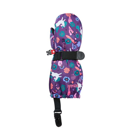 Mitaines d'hiver - Kombi The Crazy Cariboo violettes à motifs animaux et fleurs, isolation polyester, vue de face, enfant.