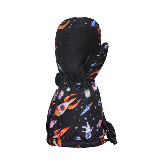 Mitaines d'hiver Roomy - Kombi noires à motifs fusées et astronautes colorés, paume noire en cuir synthétique, vue de profil gauche.