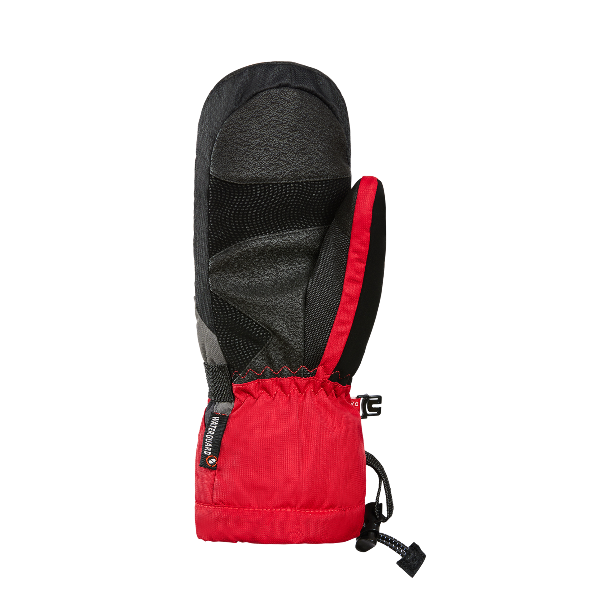 Mitaines d'hiver - Kombi Yolo rouges et noires en polyamide et cuir synthétique, isolées, vue de dos et paume