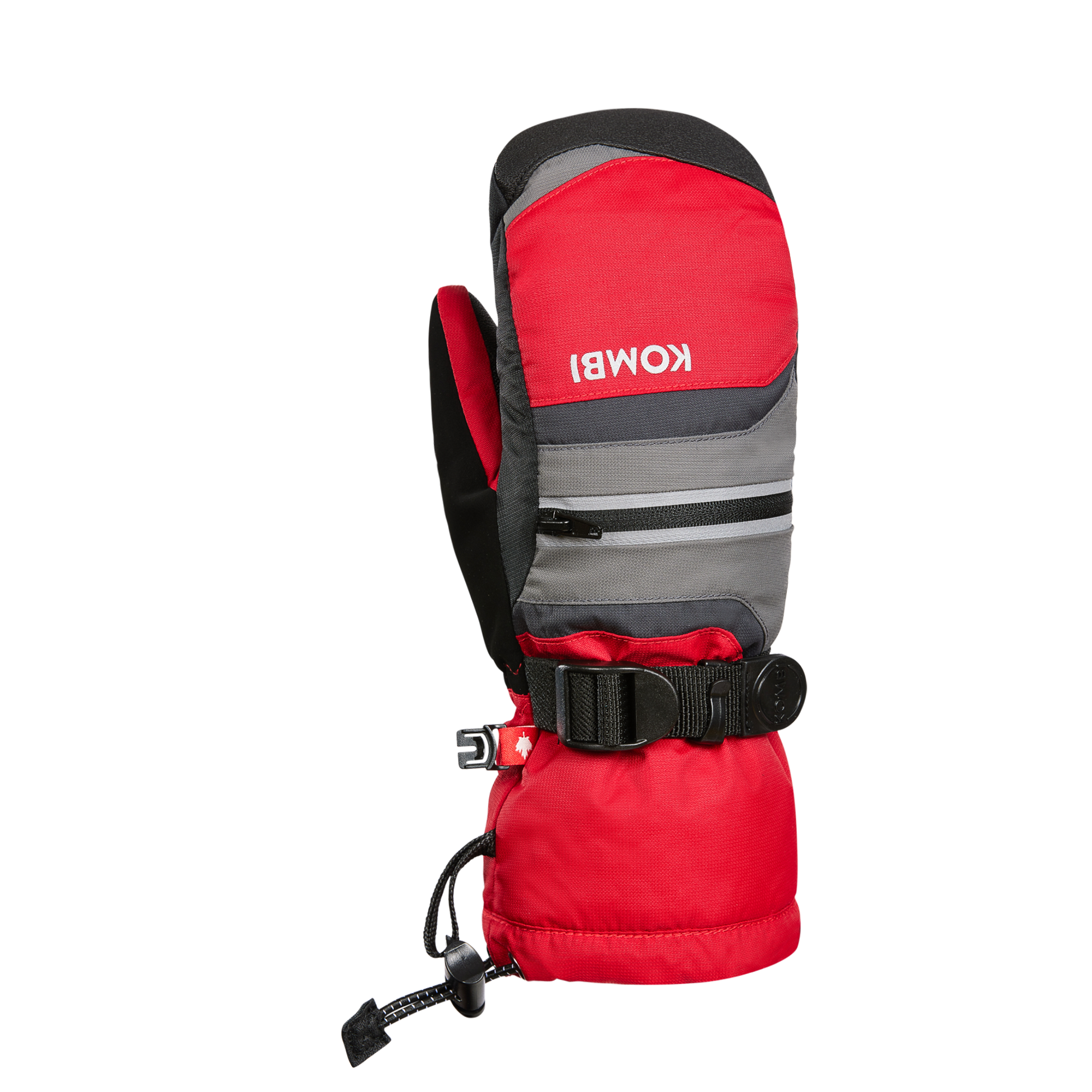 Mitaines d'hiver - Kombi Yolo rouges et grises avec paume noire en cuir synthétique, isolantes, vue de profil gauche.