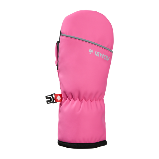 Mitaines Mi-Saison - Kombi roses résistantes à l'eau en textile, modèle enfant, vue de face avec fermeture ajustable.