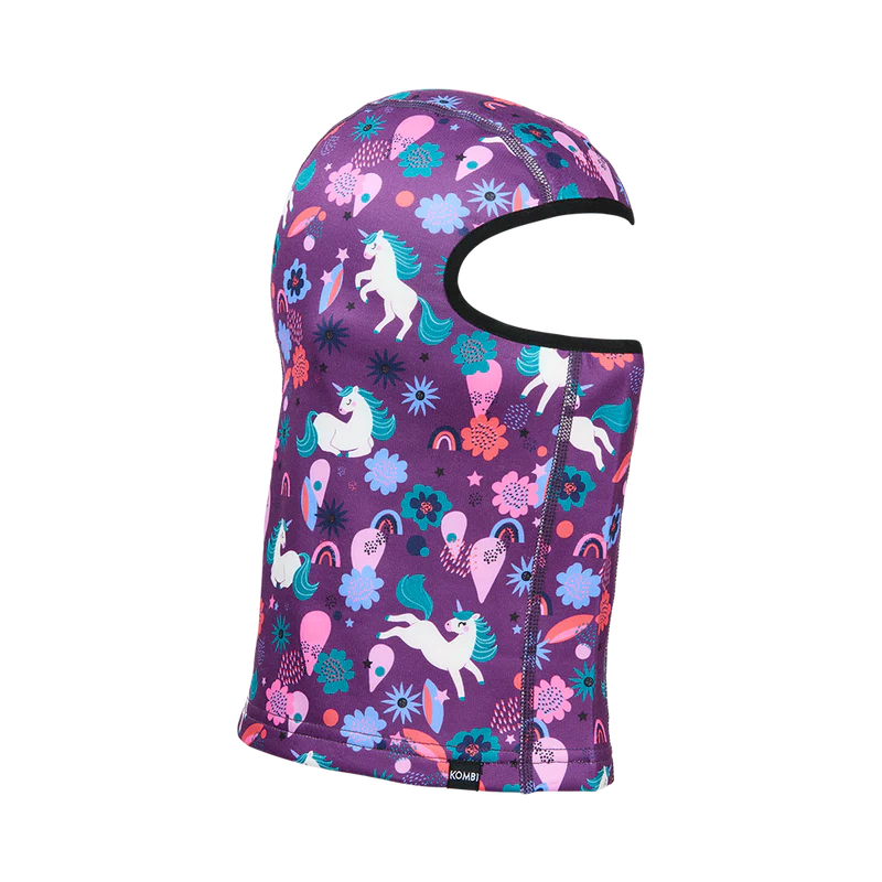 Cagoule - Kombi Velvet Fleece Balaclava violette à motifs licornes et fleurs, jersey épais, pour enfant, vue de profil droit.