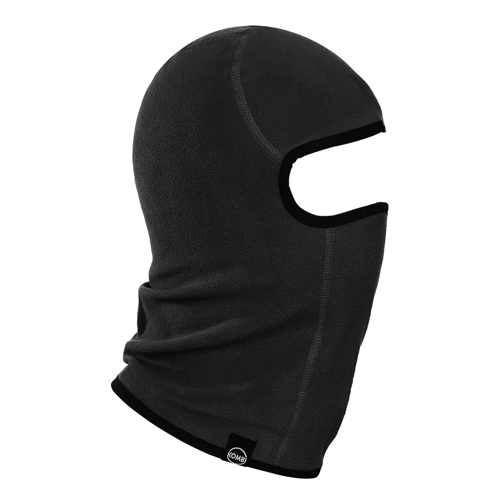 Black Kombi The Cozy Fleece Balaclava for kids, showcasing a warm, snug fit ideal for winter outdoor activities.