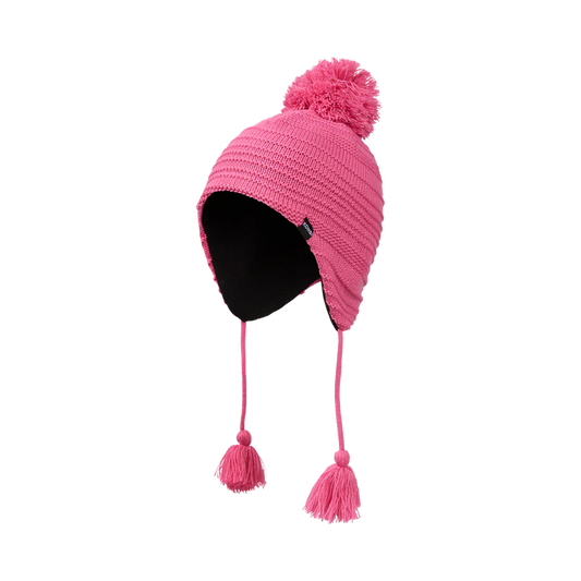 Tuque d'hiver avec pompon réfléchissant - Kombi rose en acrylique doublure molleton, style oreillettes, vue de profil gauche