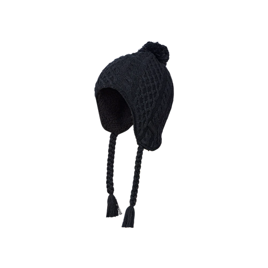 Tuque d'hiver - Kombi noire tricotée avec pompon et doublure sherpa douce, style péruvien, vue de profil gauche