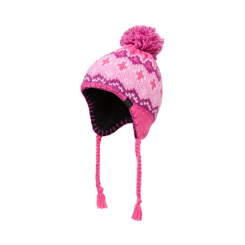 Tuque d’hiver Boost - Kombi rose et violet avec pompon laine multicolore, doublure noire, style péruvien, vue de profil droit