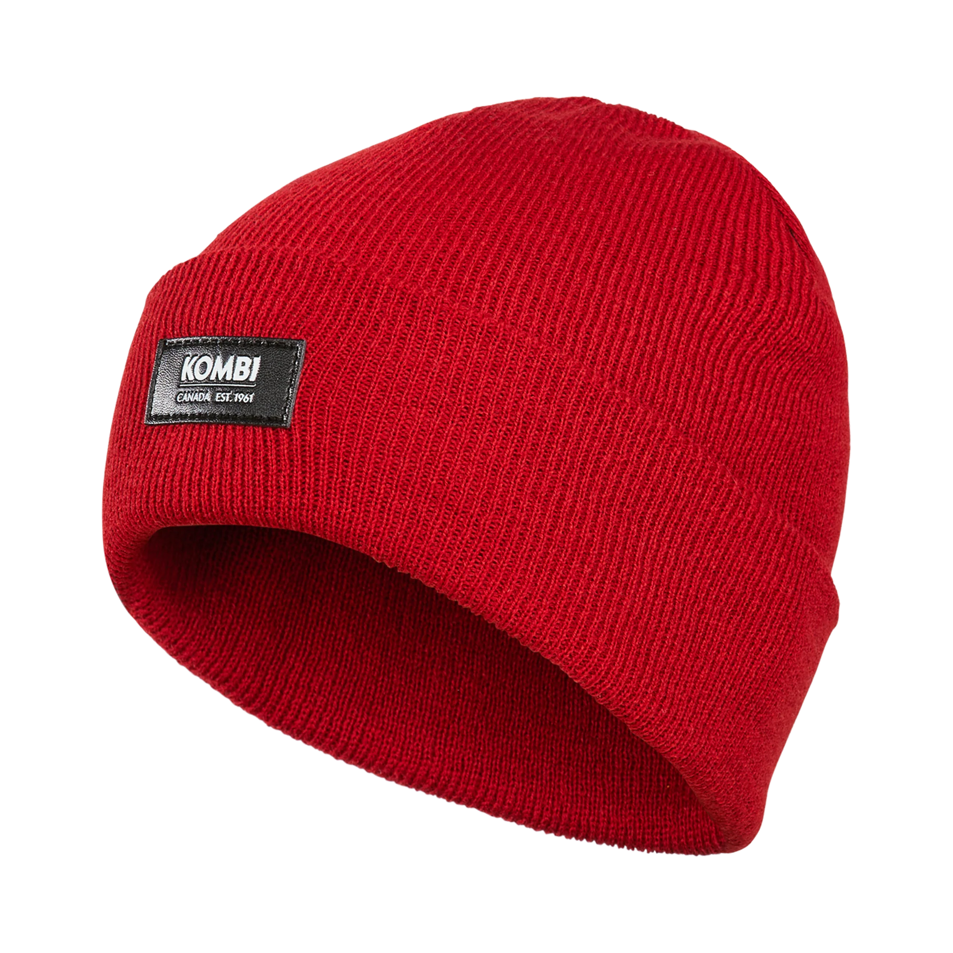 Tuque d'hiver - Kombi rouge en acrylique, tricotée, unisexe adulte, vue de profil légèrement inclinée