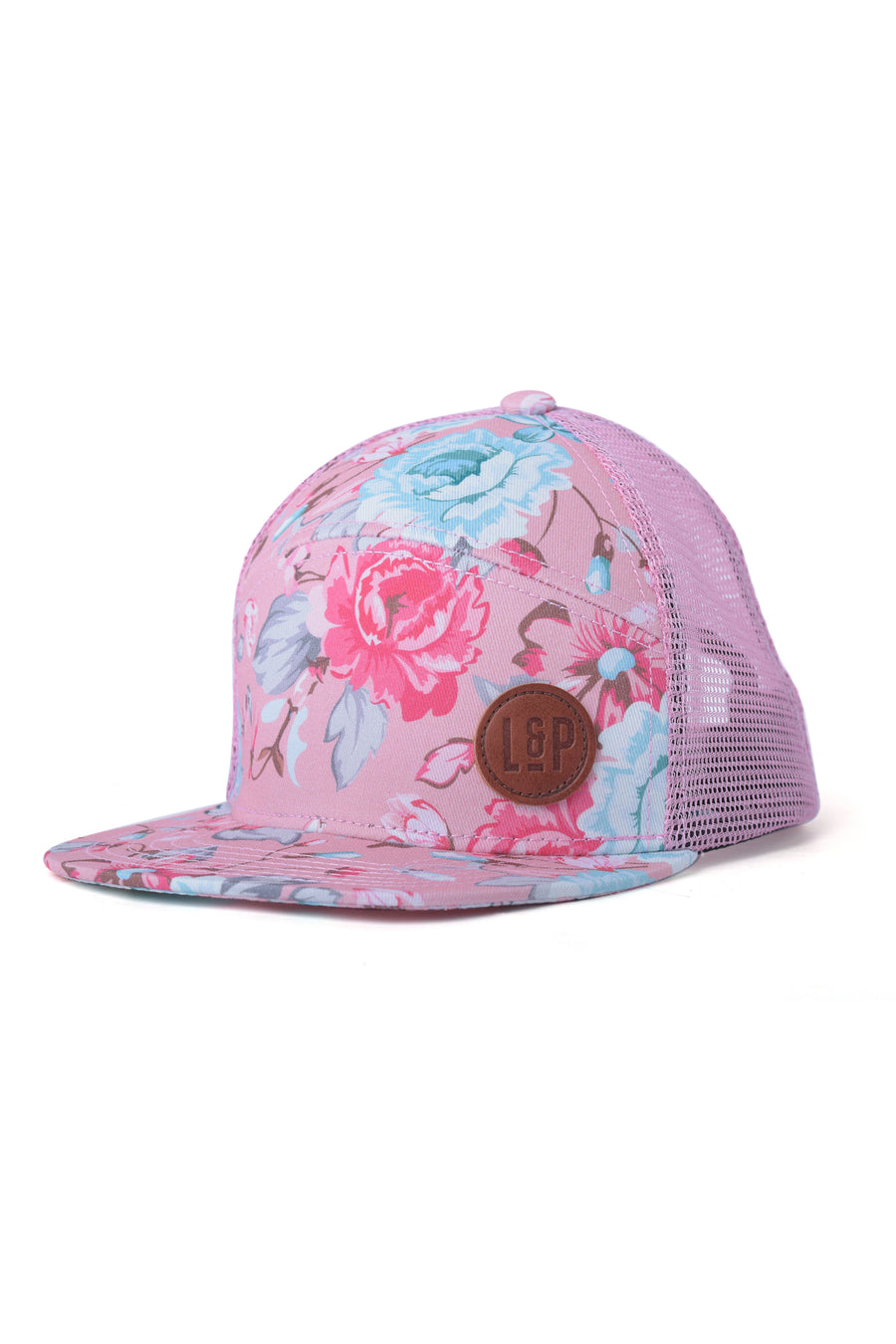 Casquette - L&P rose à fleurs bleues et rouges avec filet arrière, logo cuir, pour fille, vue de profil gauche.