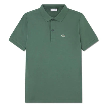 Polo - Lacoste vert kaki en piqué de coton, manches courtes, pour garçon, vue de face, col polo classique.