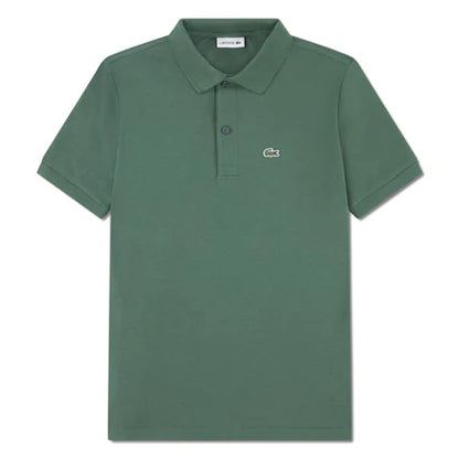 Polo - Lacoste vert kaki en piqué de coton, manches courtes, pour garçon, vue de face, col polo classique.