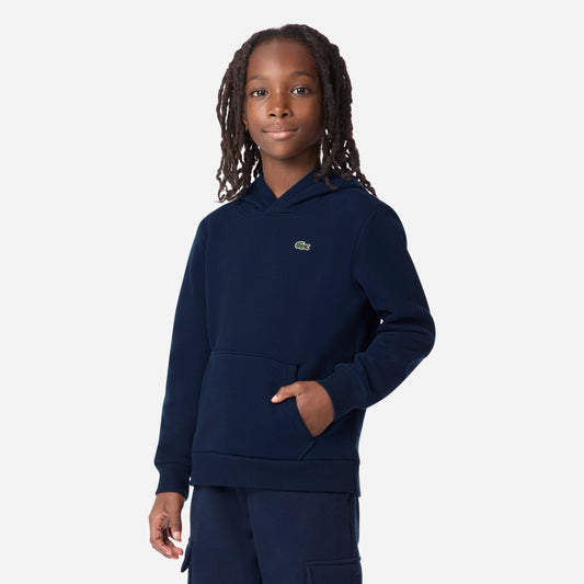 Hoodie - Lacoste bleu marine en coton polyester avec poche kangourou, pour garçon, porté, vue de face.