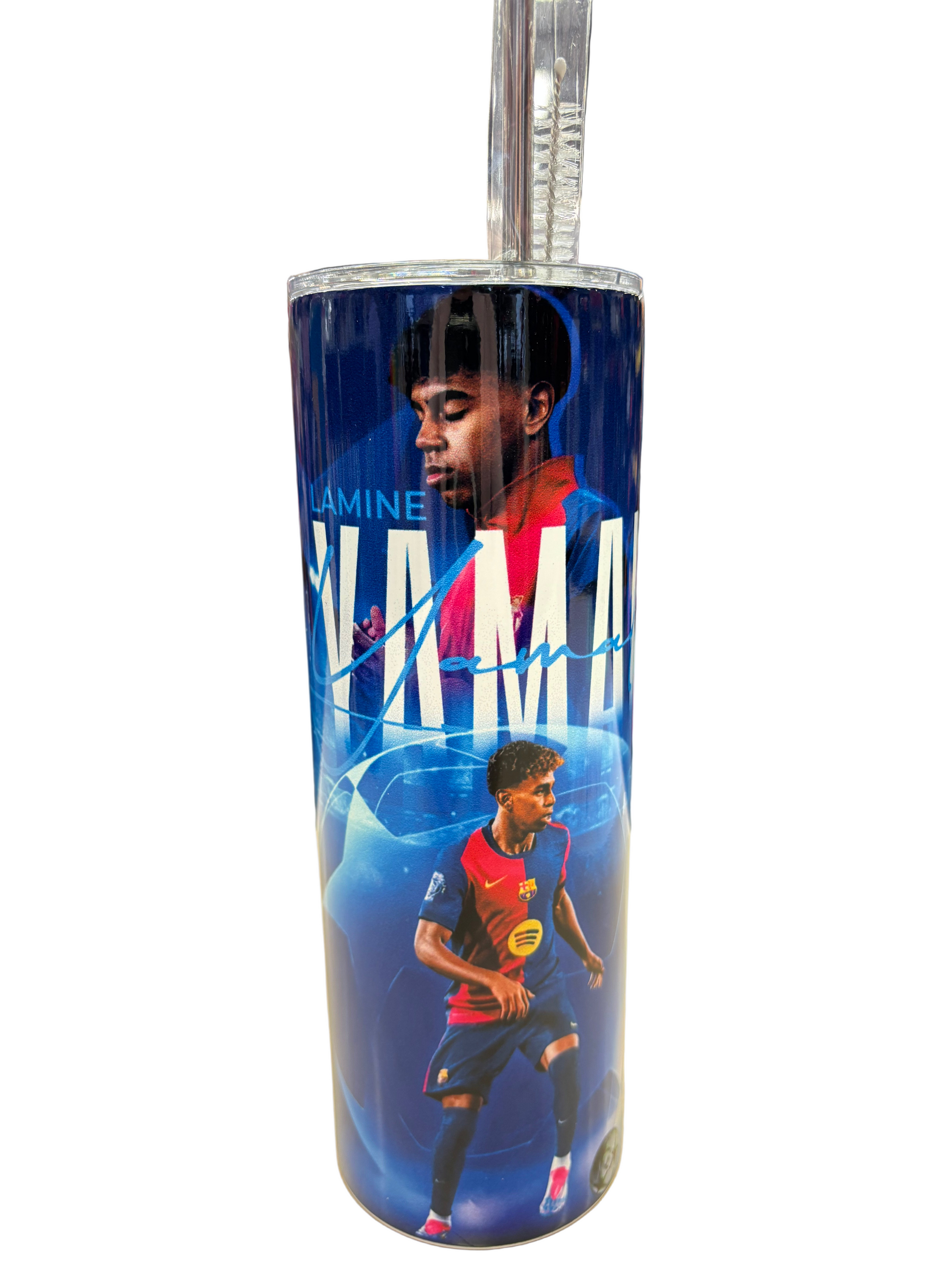 Bouteille isotherme - Lamine Yamal bleu et rouge avec images du joueur en action et haut transparent, vue de face.