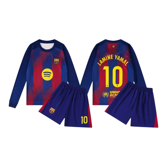 Lamine Yamal soccer set for kids, featuring a jersey and shorts in vibrant colors, ideal for young athletes aged 6.
