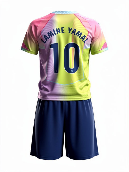 L'"Ensemble de soccer - Lamine Yamal" de Lamine Yamal comprend un maillot rose pastel, jaune et vert avec "LAMINE YAMAL" et le numéro 10 dans le dos, ainsi qu'un short bleu foncé, présenté de dos sur un fond blanc uni.
