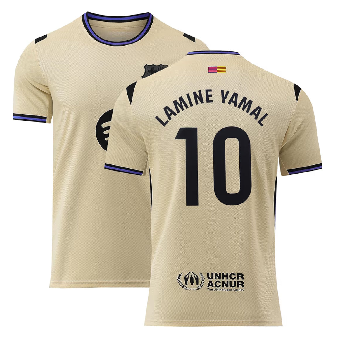 Ensemble de soccer - Lamine Yamal beige clair en polyester, manches courtes, logo et numéro noir, vue avant et arrière.