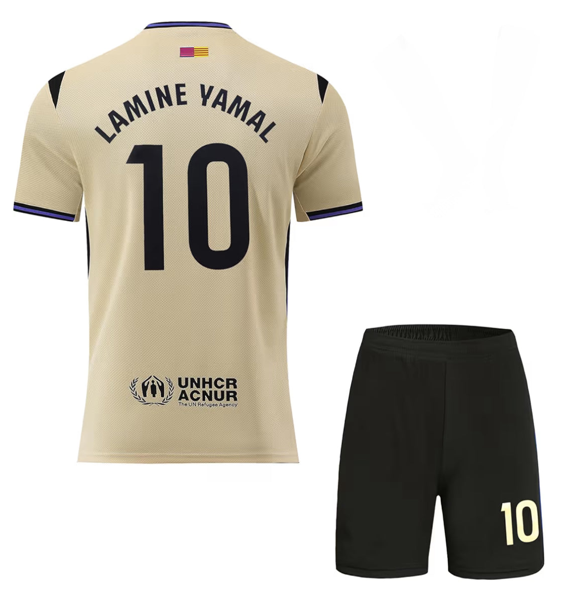 Ensemble de soccer - Lamine Yamal beige et noir en polyester, maillot dos avec numéro 10, short noir, vue de dos et face.