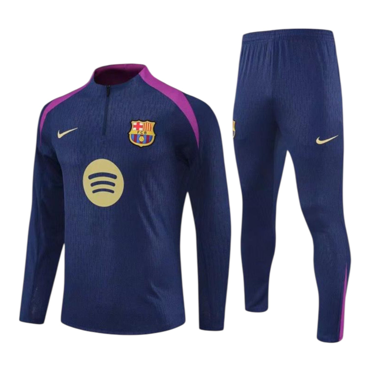 Ensemble de soccer - Lamine Yamal bleu marine avec détails violets et logos dorés, polyester, taille ajustable, vue de face et profil.