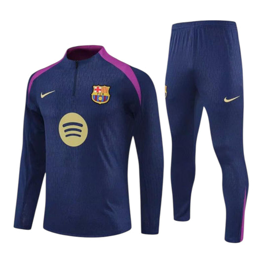 Ensemble de soccer - Lamine Yamal bleu marine avec détails violets et logos dorés, polyester, taille ajustable, vue de face et profil.