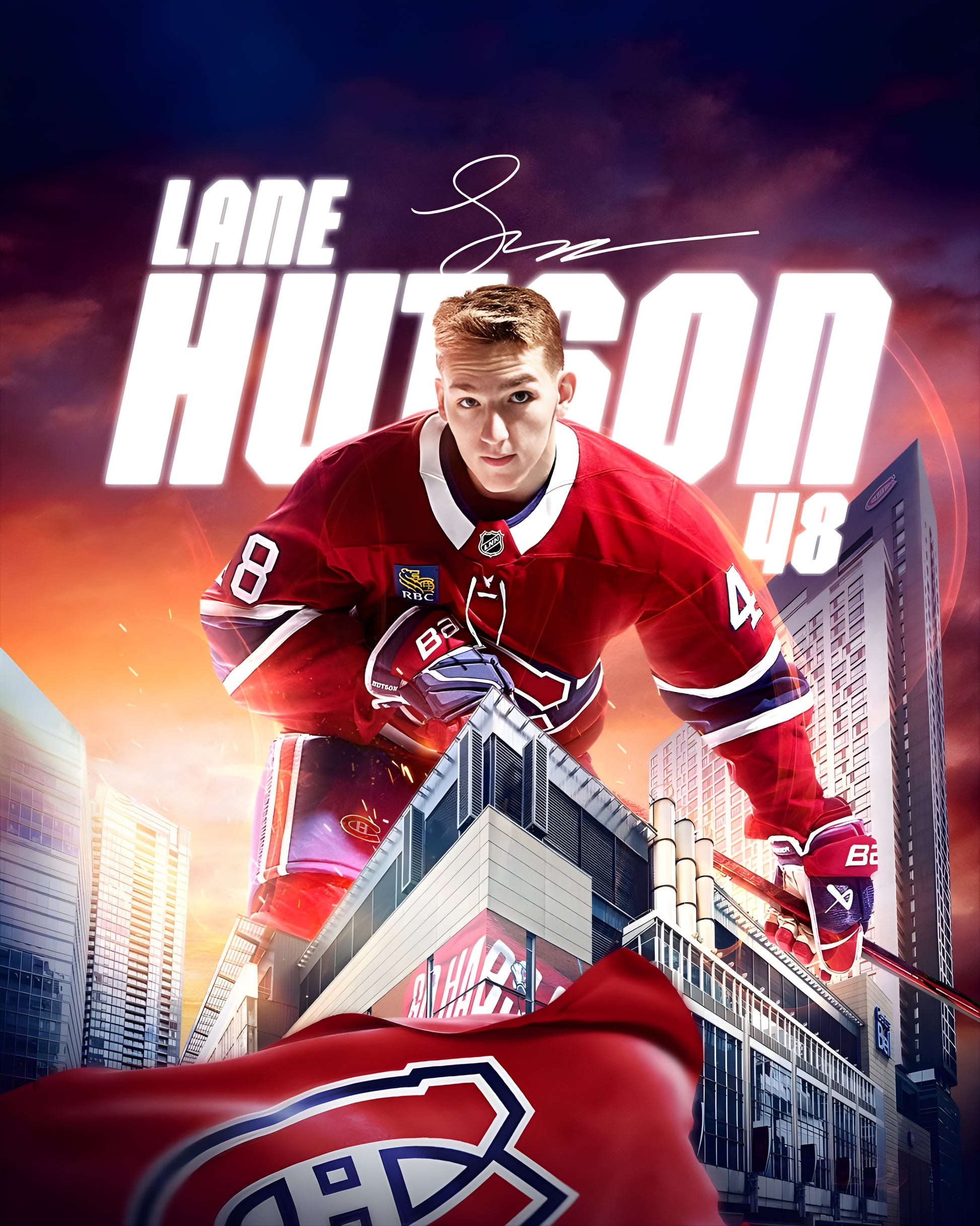 Serviette microfibre - Hutson rouge et blanche, motif sportif hockey sur glace, vue portée sur mannequin masculin dans un décor urbain.
