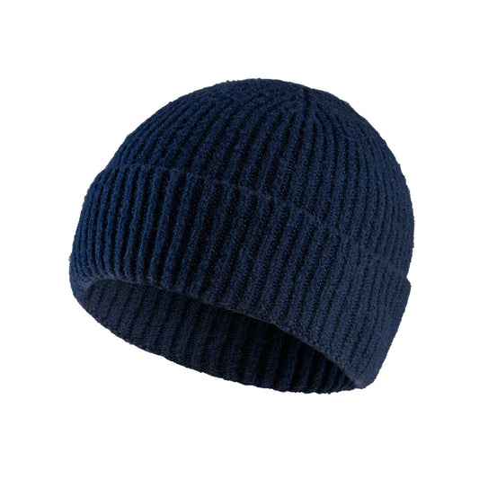 Tuque d'hiver - Läska en maille bleu marine côtelée double épaisseur, pour fille, vue de face légèrement inclinée.