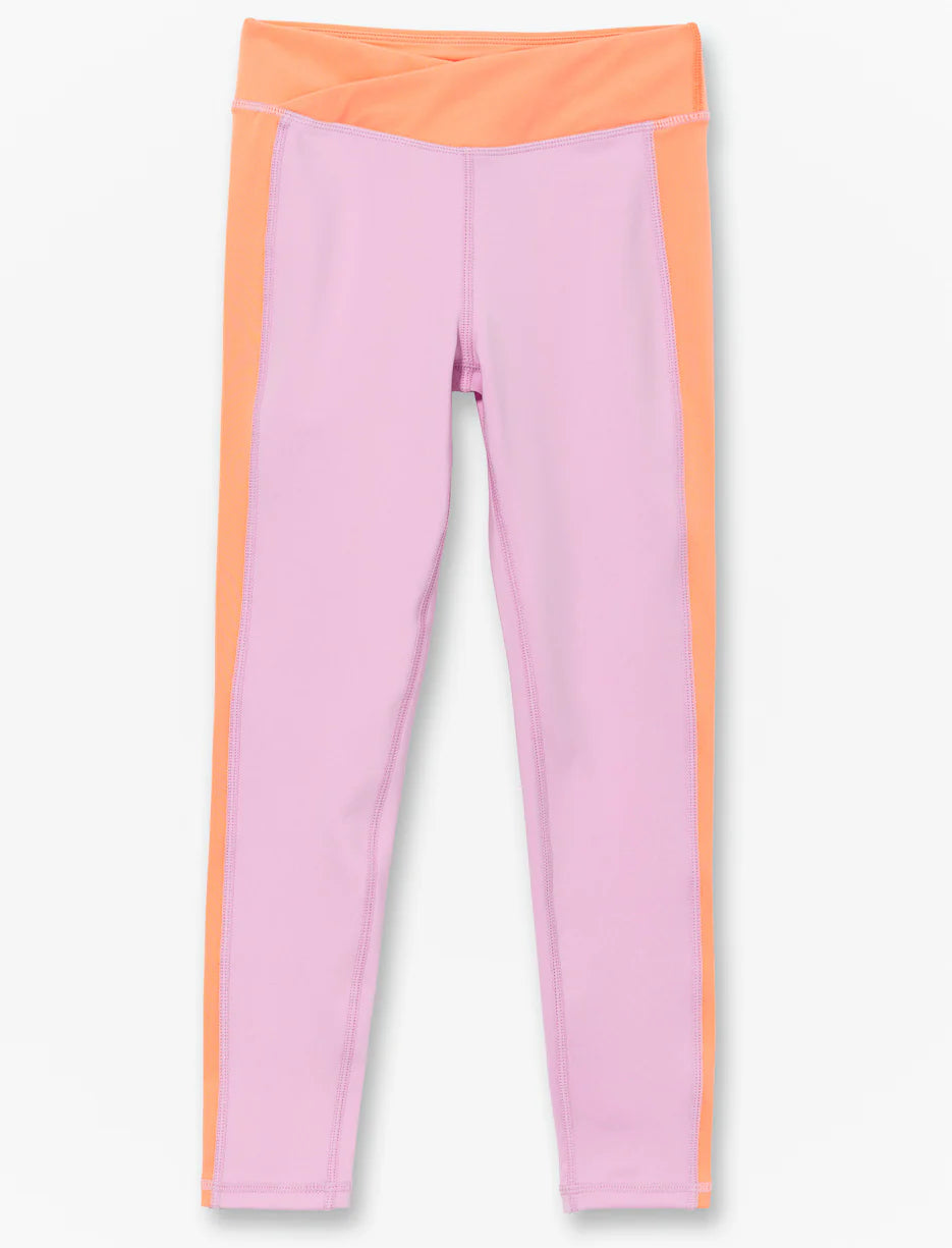 Legging - M.I.D en polyester rose lavande avec bandes latérales orange, vue de face, pour femme, portrait 935x1225.