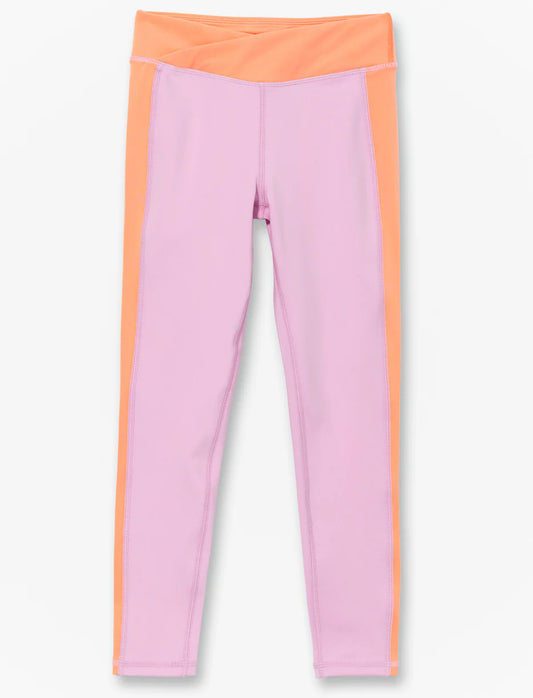 Legging - M.I.D en polyester rose lavande avec bandes latérales orange, vue de face, pour femme, portrait 935x1225.