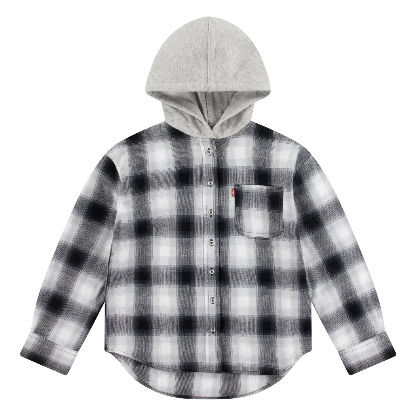 Chemise à capuche - Levi's à carreaux noirs, gris et blancs en flanelle douce, pour fille, vue de face avec capuche grise.