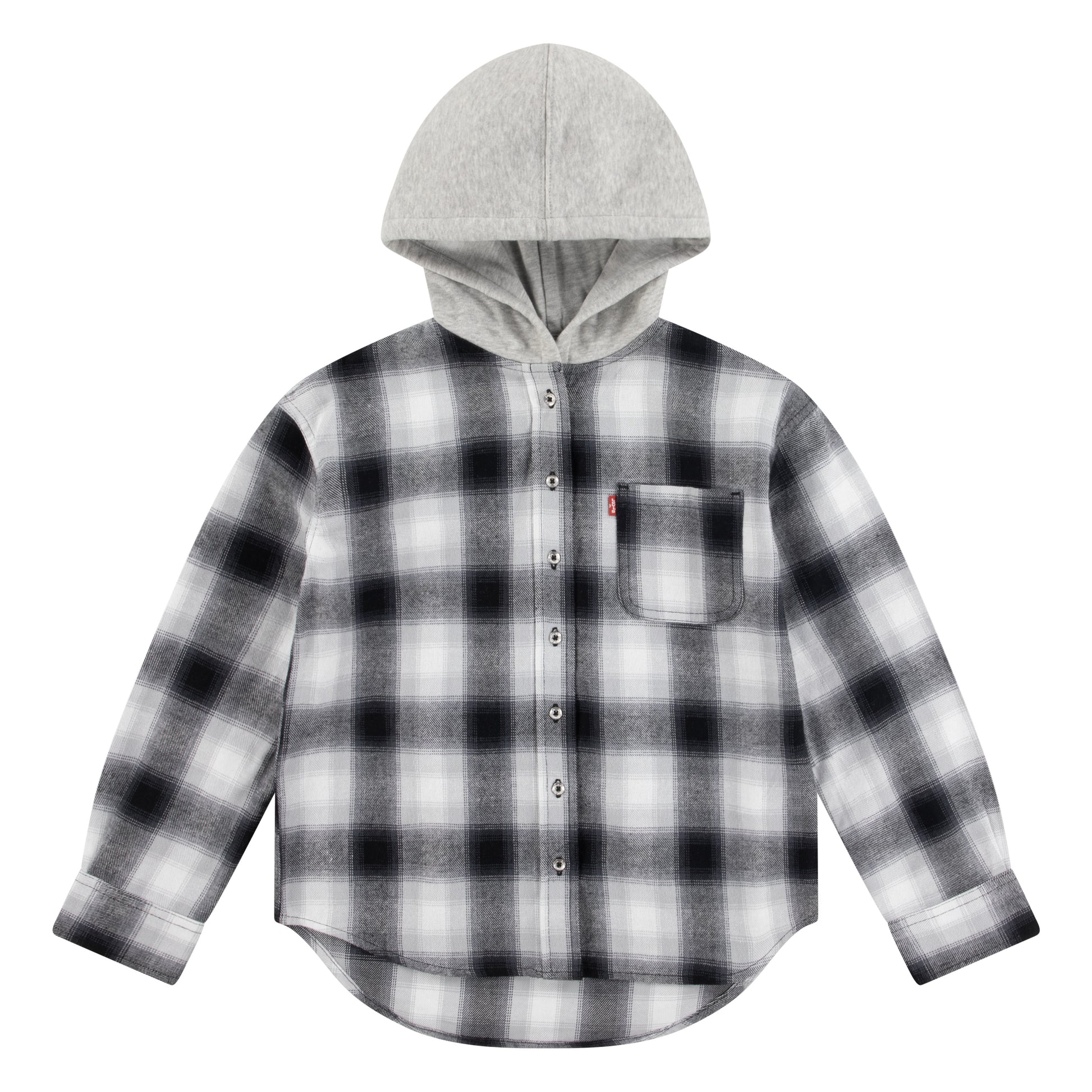 Chemise à capuche - Levi's à carreaux noirs, gris et blancs en flanelle douce, pour fille, vue de face avec capuche grise.