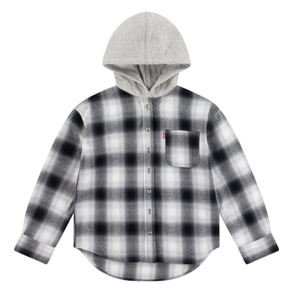 Chemise à capuche - Levi's à carreaux noirs, gris et blancs en flanelle douce, pour fille, vue de face avec capuche grise.