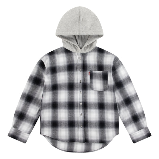 Chemise à capuche - Levi's à carreaux noirs, gris et blancs en flanelle douce, pour fille, vue de face avec capuche grise.