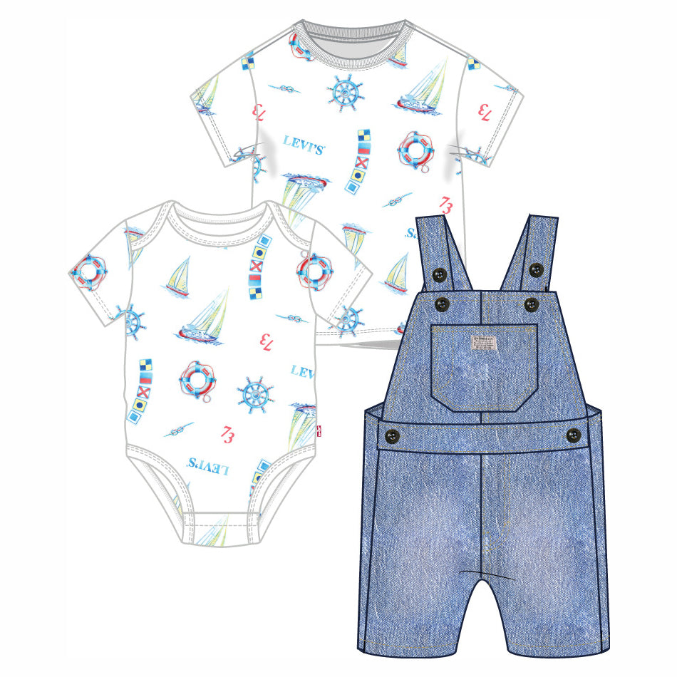 Ensemble - Levi's salopette en denim bleu avec bodys blancs imprimés motifs marins pour bébé, vue de face