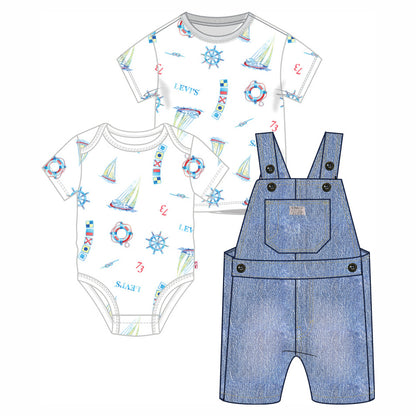 Ensemble - Levi's salopette en denim bleu avec bodys blancs imprimés motifs marins pour bébé, vue de face