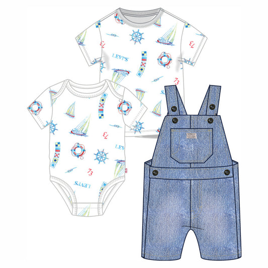 Ensemble - Levi's salopette en denim bleu avec bodys blancs imprimés motifs marins pour bébé, vue de face
