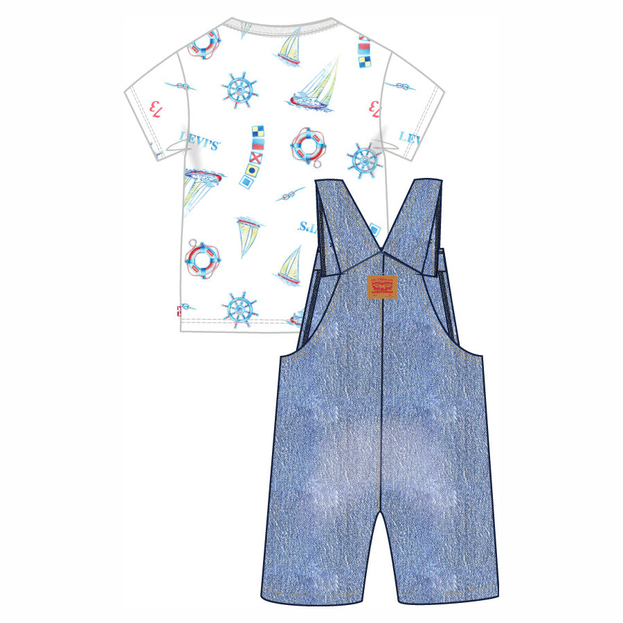 Ensemble - Levi's T-shirt blanc à motifs marins colorés et salopette courte en denim bleu, pour enfant, vue de dos et de face