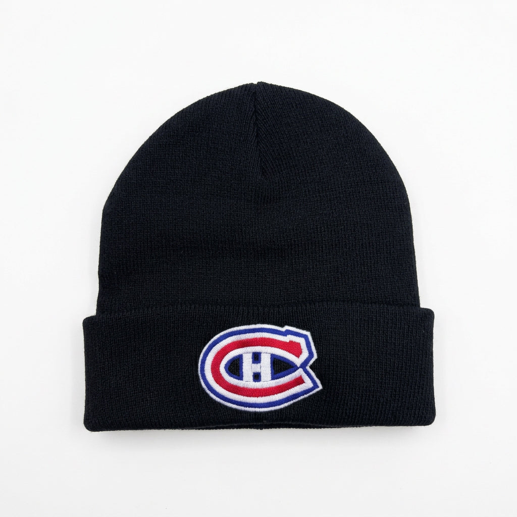 Tuque d'hiver - Canadiens noire en tricot avec revers et logo brodé rouge, blanc et bleu, vue de face