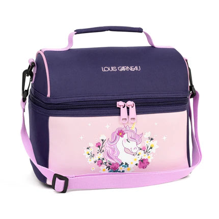 Boite à lunch - Louis Garneau Licorne bleu marine et rose avec illustration licorne et fleurs, isolante, pour enfant, vue de face.