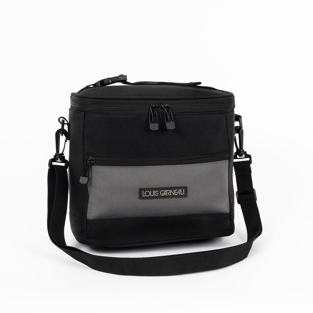 Boite à lunch - Louis Garneau Noir et gris, isolée avec 2 compartiments, courroie réglable, vue de face sur fond blanc