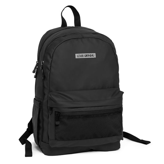 Sac à dos - Louis Garneau Noir en tissu polyester, design sobre, avec poches filet sur les côtés, vue de face.